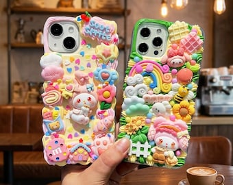 Kawaii My Melody Decoden Phone Case, Custom Handmade iPhone 17 16 15 14 13 12 11 Pro Max Cover, 3D Rainbow Flower Charm Case, Gift for Her
