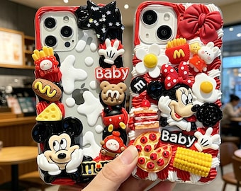 Kawaii Mickey Minnie Decoden Phone Case, Custom Handmade iPhone 17 16 15 14 13 12 11 Pro Max Cover, 3D Red Black Snack Case, Gift for Her