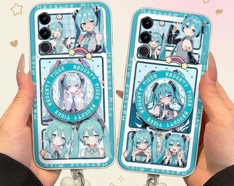 Hatsune Miku Magnetic Stand Case for iPhone 17 16 15 14 13 Samsung S26 S25 S24, Vocaloid Manga Cover with Beaded Wrist Strap, Kawaii Gift