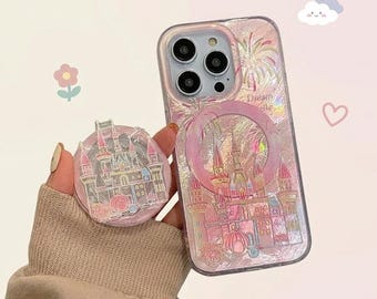 Pink Dream Castle Magnetic Stand Case for iPhone 17 16 15 14 13 12 11 Pro Max, Holographic Fairytale Fireworks Cover, Magical Girly Gift