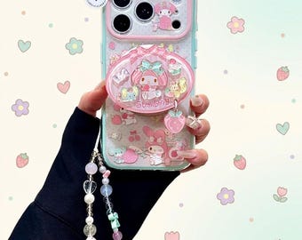 Custodia con supporto magnetico My Melody Strawberry per iPhone 17 16 15 14 13 12 11 Pro Max Plus, cover MagSafe con coniglietto rosa Kawaii, regalo carino per ragazze