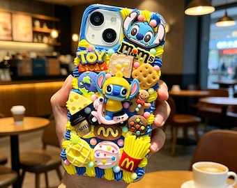 Kawaii Stitch Decoden Phone Case, Custom iPhone Cover, 3D Food Snack Charm Aesthetic Case, Blue Yellow Cream Glue Handmade Gift for Her