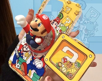 Cute Mario Magnetic Stand Case for iPhone 17 16 15 14 13 12 11 Pro Max Plus - 3D Mario Figure & Mystery Block MagSafe Case - Cute Gamer Gift