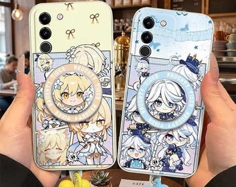 Genshin Lumine Furina Magnetic Case for iPhone 17 16 15 14 13 Samsung S26 S25 S24, Manga Stand Cover with Beaded Wrist Strap Gamer Gift