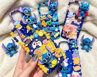 Kawaii Stitch Decoden Phone Case, Custom Handmade iPhone 17 16 15 14 13 12 11 Pro Max Cover, 3D Blue Alien Snack Charm Case, Gift for Her