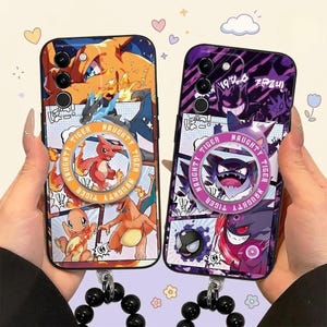Charizard Gengar Magnetischer Ständer Case für Samsung S26 S25 S24 iPhone 17 16 15 14 13 12 11 Pro Max, Comic Manga Cover mit Armband aus Leder