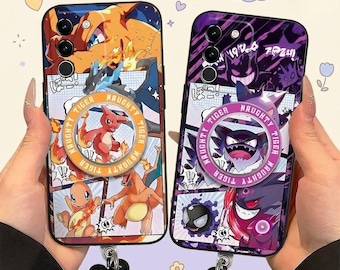 Custodia con supporto magnetico Charizard Gengar per Samsung S26 S25 S24 iPhone 17 16 15 14 13 12 11 Pro Max, copertina in stile fumetto manga con cinturino da polso, idea regalo.