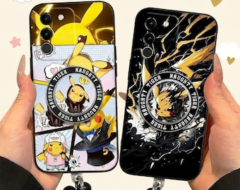 Pikachu Magnetic Stand Case for iPhone 17 16 15 14 13 Samsung S26 S25 S24, Comic Style & Cool Lightning Cover with Beaded Wrist Strap Gift