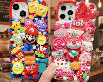Kawaii Mario Lotso Decoden Phone Case, Custom Handmade iPhone 17 16 15 14 13 12 11 Pro Max Cover, 3D Game Bear Charm Case, Gift for Her
