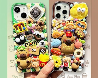 Kawaii Capybara Decoden Phone Case, Custom Handmade iPhone 17 16 15 14 13 12 11 Pro Max Cover, 3D Snack Charm Case, Gift for Her