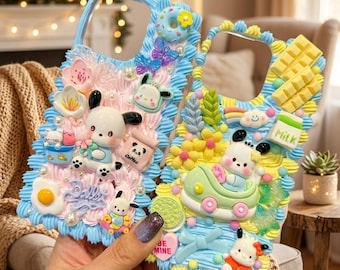 Kawaii Pochacco Decoden Phone Case, Custom Handmade iPhone 17 16 15 14 13 12 11 Pro Max Cover, 3D Cute Dog Snack Charm Case, Gift for Her