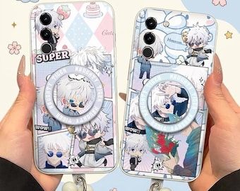 Gojo Satoru Magnetic Stand Case for iPhone 17 16 15 14 13 Samsung S26 S25 S24, Jujutsu Kaisen Manga Cover with Beaded Wrist Strap Gamer Gift