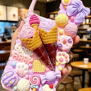 Può includere: Custodia per telefono rosa con manico, decorata con coni gelato 3D, palline e caramelle. La custodia presenta colori rosa, viola, giallo e bianco, con la scritta "BABY" in rilievo. Un accessorio divertente e colorato.