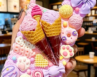Kawaii Ice Cream Decoden Phone Case, Custom Handmade iPhone 17 16 15 14 13 12 11 Pro Max Cover, 3D Dessert Snack Charm Case, Gift for Her