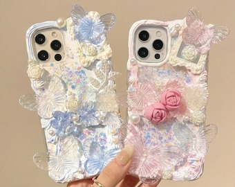 Kawaii Butterfly Rose Decoden Phone Case, Custom iPhone Cover, DIY 3D Figure Charm Aesthetic Case, Handmade Gift for Her