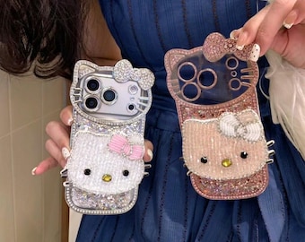 3D Kitty Patch Rhinestone Case for iPhone 17 16 15 14 13 12 11 Pro Max Plus, Handmade Bling Beaded Crystal Cover,Sparkly Gift for Girl Women