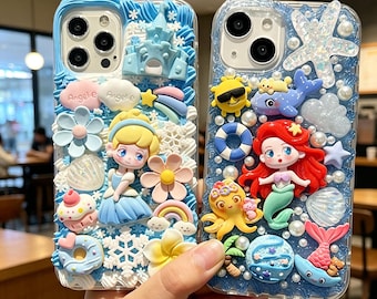 Kawaii Cindy Ariel Decoden Phone Case Custom Handmade iPhone 17 16 15 14 13 12 11 Pro Max Cover, 3D Princess Mermaid Charm Case Gift for Her