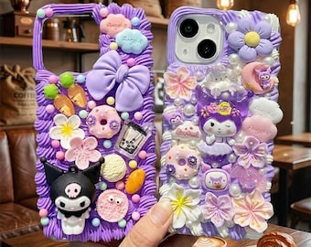 Kawaii Kuromi Decoden Phone Case, Custom Handmade iPhone 17 16 15 14 13 12 11 Pro Max Cover, 3D Purple Bow Flower Charm Case, Gift for Her
