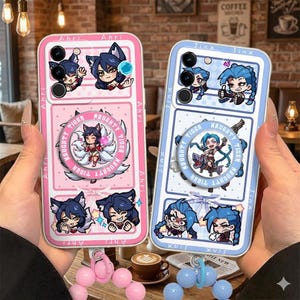Ahri Jinx magnetiskt stativskal för iPhone 17 16 15 14 13 Samsung S26 S25 S24, Chibi Manga-skal med pärlbroderad handledsrem, spelpresent till fans