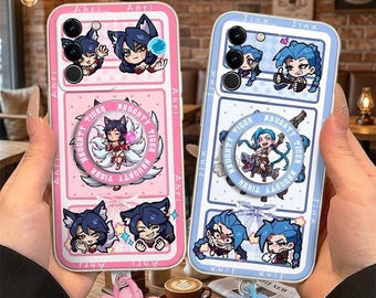 Ahri Jinx Magnetic Stand Case for iPhone 17 16 15 14 13 Samsung S26 S25 S24, Chibi Manga Cover with Beaded Wrist Strap Gamer Gift for Fans