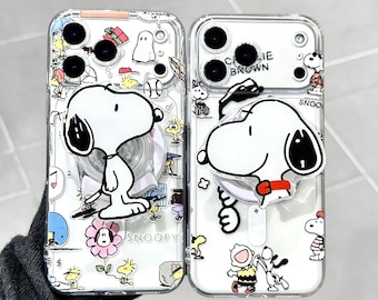 Snoopy Charlie Brown Magnetic Stand Case for iPhone 17 16 15 14 13 12 11 Samsung S26 S25 S24, 3D Acrylic Griptok, Cute Retro Dog Lover Gift