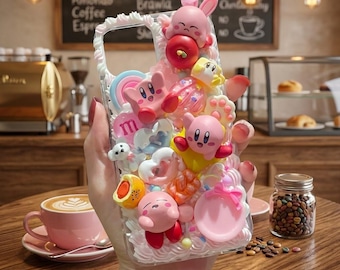 Kawaii Kirby Decoden Phone Case, Custom Handmade iPhone 17 16 15 14 13 12 11 Pro Max Cover, 3D Pink Bakery Charm Case, Gift for Her