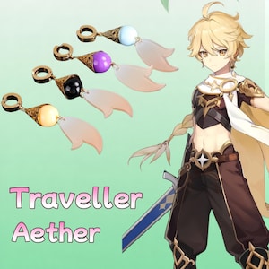 Peut inclure: Quatre boucles d'oreilles avec des accents en métal doré et des perles de différentes couleurs, dont blanc, violet, noir et jaune. Chaque boucle d'oreille a un charme en forme de pétale. Le texte "Traveller Aether" est affiché en rose.