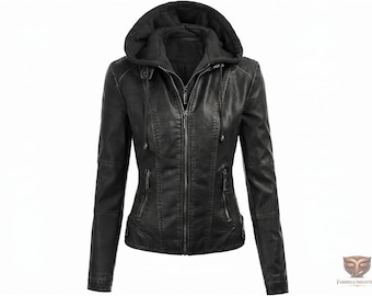Chaqueta con capucha de piel de vacuno auténtica para mujer