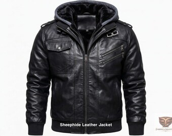 Chaqueta de piel de oveja para hombre con capucha desmontable.