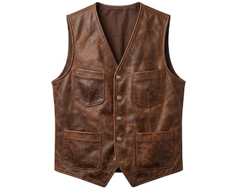 Chaleco de piel de vacuno auténtica para hombre, corte ajustado.