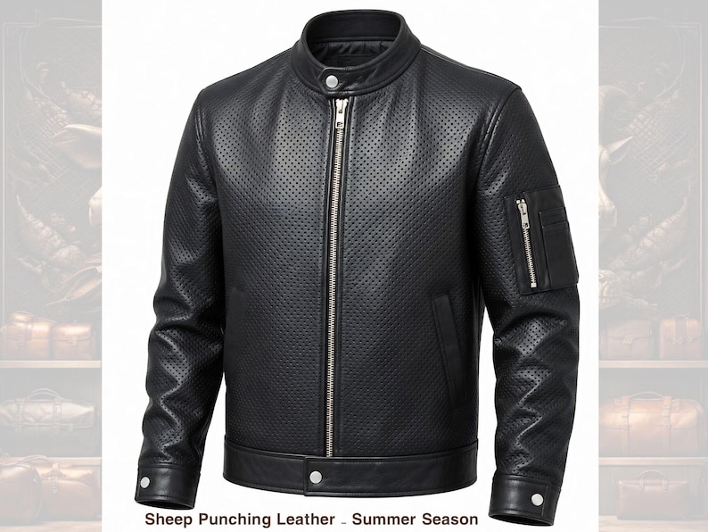Puede incluir: Una chaqueta negra con textura perforada en el pecho y las mangas, cuello alto con bot&oacute;n a presi&oacute;n, cremallera central plateada y un bolsillo con cremallera en la manga izquierda. El texto "Sheep Punching Leather - Summer Season" es visible.