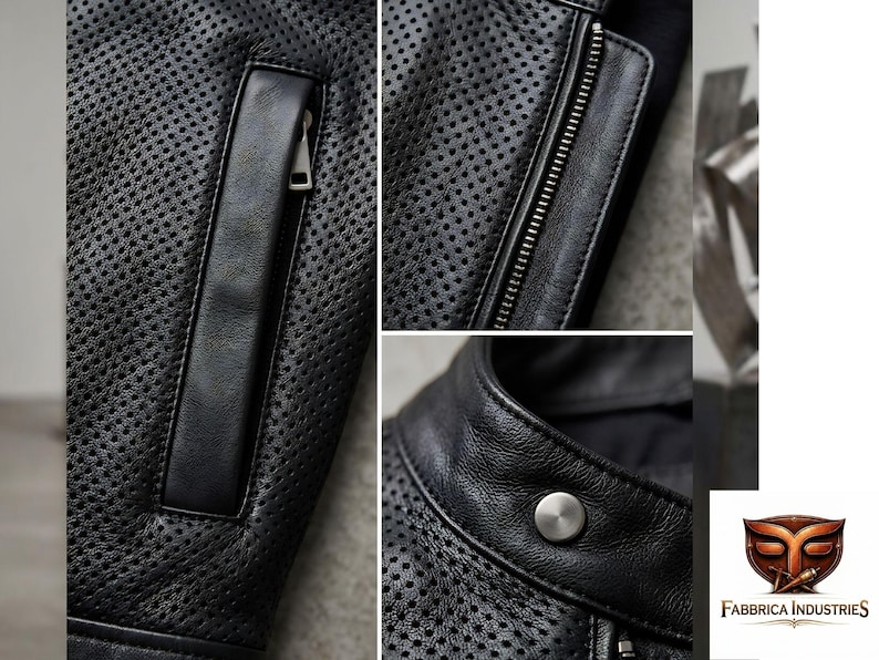 Puede incluir: Una chaqueta de cuero negro perforado con un bolsillo vertical con cremallera, un cierre de cremallera frontal completo y un cuello alzado asegurado con un bot&oacute;n de presi&oacute;n de metal plateado. El logotipo de Fabbrica Industries es visible.