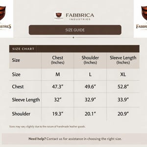 Puede incluir: Una tabla de gu&iacute;a de tallas de Fabbrica Industries que muestra medidas en pulgadas para las tallas M, L y XL. La tabla enumera las dimensiones de pecho, hombro y largo de manga. Incluye un aviso sobre art&iacute;culos de cuero hechos a mano.