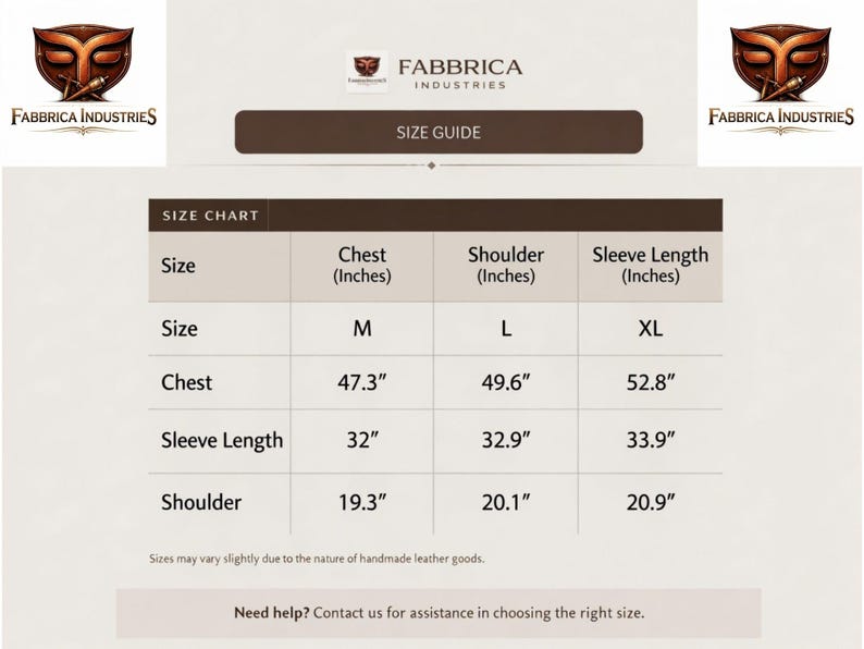Puede incluir: Una tabla de gu&iacute;a de tallas de Fabbrica Industries que muestra medidas en pulgadas para las tallas M, L y XL. La tabla enumera las dimensiones de pecho, hombro y largo de manga. Incluye un aviso sobre art&iacute;culos de cuero hechos a mano.