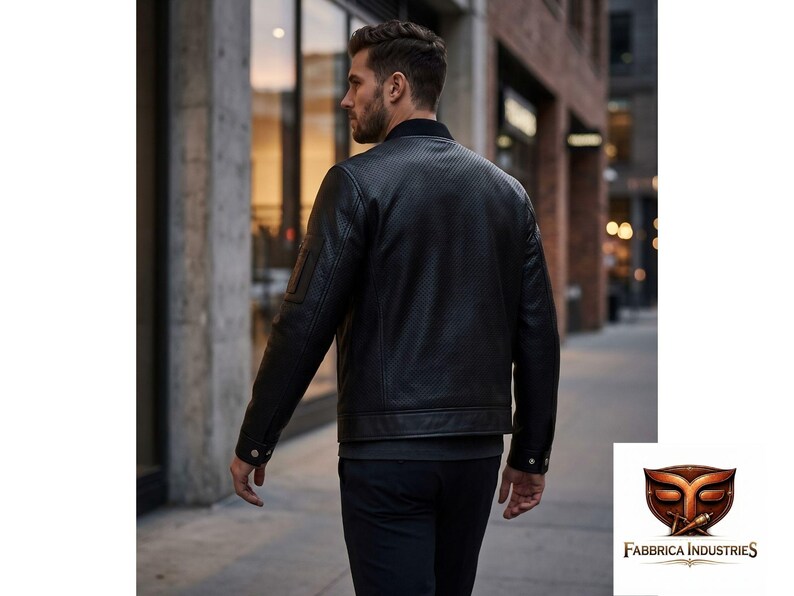 Puede incluir: Una chaqueta estilo bomber de color negro con un sutil patr&oacute;n texturizado, que presenta un cuello acanalado, mangas largas con pu&ntilde;os abotonados y un dobladillo recto. La chaqueta se lleva sobre una camisa oscura y pantalones oscuros, vista de espaldas.