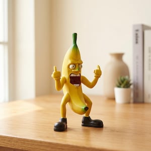 Può includere: Una statuetta a forma di banana gialla con gambo verde, braccia e gambe umane e scarpe nere. La banana ha la bocca spalancata, occhi sporgenti e gesticola con entrambi i medi alzati in una posa aggressiva mentre sta in piedi.