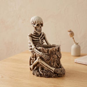 Halloween Skeleton Pen Holder, Spooky Desk Decor, Quirky Skull Planter Pot, Creepy Cute Office Accessory, Macabre Autumn Room Decor Gift
