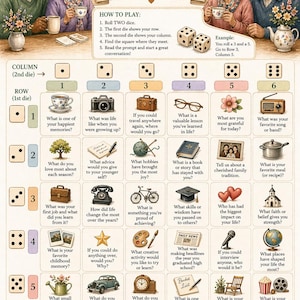 May include: Golden Years Chat Cards game with prompts for conversation. The image shows a game board with questions, dice, and illustrations. The game is designed for seniors to share memories.