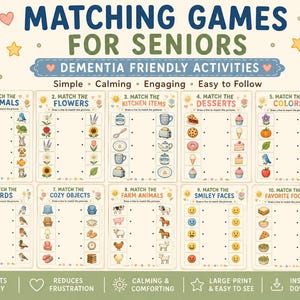 May include: A printable PDF matching game for seniors with 10 designs. The game includes dementia-friendly activities such as matching animals, flowers, kitchen items, desserts, colors, birds, cozy objects, farm animals, smiley faces, and favorite foods.