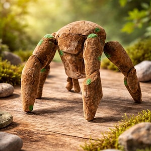 Può includere: Una statuetta di creatura a quattro zampe realizzata in materiale marrone con texture simile al legno, con piccoli tocchi di muschio verde brillante sulle articolazioni e sul corpo. La figura ha un busto centrale arrotondato e quattro arti.