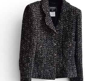 Vintage Chanel Tweed Blazer Black White CC Buttons Fitted Jacket Size 36 Boutique Classic