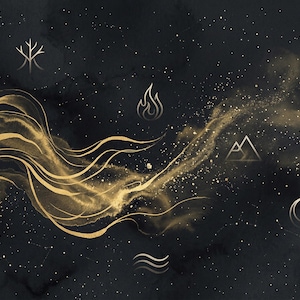 May include: Abstract digital art with a dark background and gold accents. The design features flowing lines, celestial elements, and symbols representing earth, air, fire, and water. The artwork has a cosmic theme.