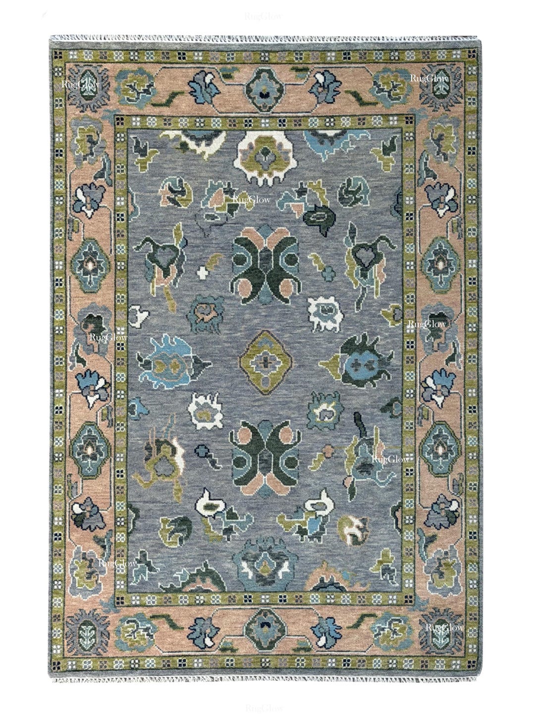 Hand Knotted Oushak Rug, Gray Blue Floral Area Rug, Peach Border ...