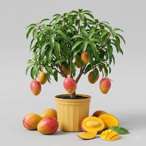 May include: A small mango tree in a yellow pot, laden with ripe, red and yellow mangoes. The tree has green leaves and is surrounded by whole and sliced mangoes. The image is set against a neutral background.