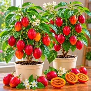 May include: Two potted tamarillo plants laden with ripe, red and orange fruit. The plants have green leaves and small white flowers. Several tamarillos are cut open, revealing the orange pulp and seeds. The pots are beige and sit on a wooden surface.
