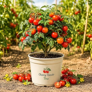 May include: A cherry tomato tree in a beige pot, laden with ripe red tomatoes. The pot has the text "Cherry Tomato Tree" on it. The plant is surrounded by more tomatoes and yellow flowers, set in a garden.