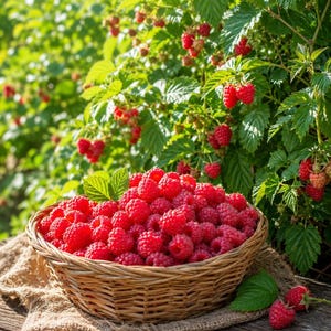 May include: A woven wicker basket filled with a large heap of fresh, ripe red raspberries. The basket sits on a textured brown fabric surface, with a lush green raspberry bush laden with more berries visible in the background under sunlight.