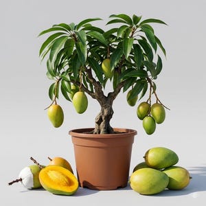 May include: A potted mango tree with green leaves and several green and yellow mangoes hanging from its branches. A pile of mangoes sits at the base of the pot, with one cut open to reveal the yellow fruit.