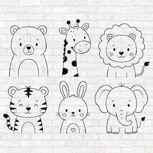 May include: A set of six black and white line art illustrations featuring a bear, a giraffe, a lion, a tiger, a rabbit, and an elephant. Each animal is depicted in a simple, clean style with rounded features, arranged in two rows of three.
