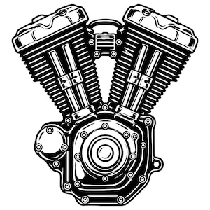 Pode incluir: Uma ilustração gráfica a preto e branco de um motor de motocicleta em V. O design apresenta dois cilindros proeminentes com aletas de arrefecimento, uma carcaça central do motor e componentes mecânicos detalhados num estilo de tinta.